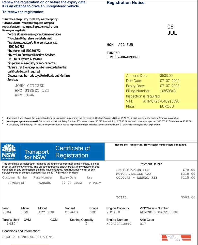 Australia Transport for NSW Registration certificate
